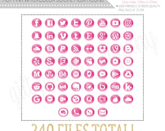 Hot Pink Watercolor Social Media Icons- Instant Download