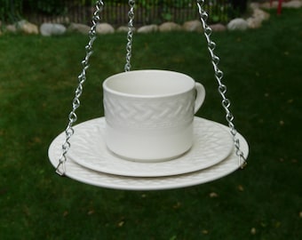 Cup, Saucer, Plate Bird Feeder, White Lattice