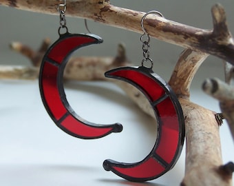 Red crescent moon earrings, witch earrings, goth earrings, wiccan earrings, pagan earrings, wicca earrings, occult earrings, boho earrings