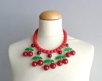 Red cherries statement necklace bib necklace large necklace chunky necklace