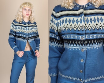 Vintage Fair Isle Cardigan - Medium // 80s Nordic Wool Knit Button Up Sweater