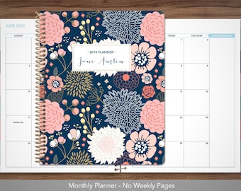 MONTHLY planner 2018 with TABS / 12 month calendar / choose your start month / 2018-2019 month at a glance planner / navy pink gold floral
