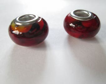 2 European red orange 14 mm glass beads