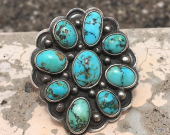 Vintage Navajo Giant Sterling Silver And Turquoise Cluster Ring 1950's 31 Grams