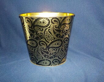 Vintage 1970's Paisley Gold and Black Tin Waste Paper Basket, Oval