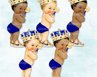 Royal Blue Little Prince Ornate Gold Crown Gold High Top Sneakers Rattle Vintage Baby Boy | Clipart Instant Download