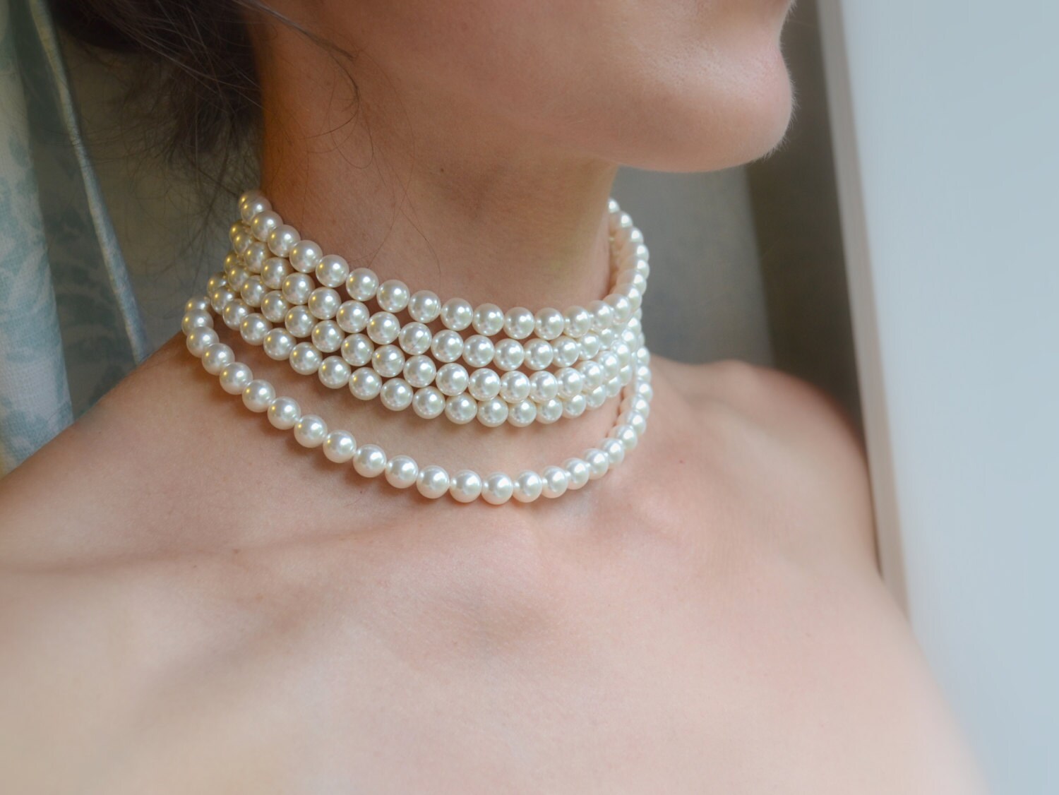 5 Strand Pearl Necklace Pearl Choker Multi Strand Pearl
