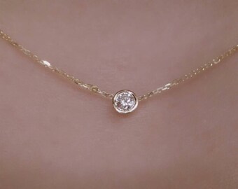 Mothers Day Gift/ Diamond Solitaire Necklace 14k Yellow Gold /Diamond Bezel Necklace/ 14k Gold Diamond Solitaire Pendant/ Delicate Diamond
