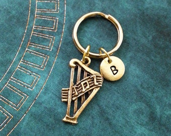 Harp Keychain, SMALL Harp Keychain, Personalized Keychain, Gold Keychain, Harpist Keychain, Harpist Gift, Bridesmaid Keychain, Harp Keyring
