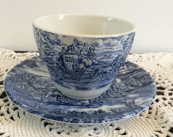 Blue and White Cup and Saucer The Post House by Bursley Ironstone England