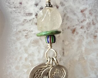Talisman, Quartz Crystal Necklace, Lotus Necklace, Energy Necklace, Charm Necklace, Boho Jewelry, Boho Necklace, Silver Charm Necklace