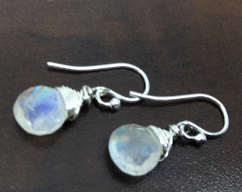 Rainbow Moonstone Earrings, Birthstone Earrings, Genuine Rainbow Moonstone, Sterling Silver, June birthstone, Rainbow Moonstone Briolette