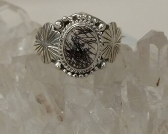 Black Tourmalinated Quartz Ring, Size 7