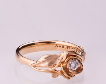 Rose Engagement Ring, 14K Rose Gold and Diamond engagement ring, engagement ring, leaf ring, flower ring, art nouveau, vintage, 3