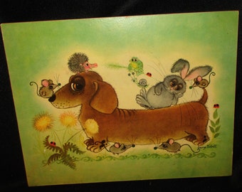 Old GEORGE BUCKETT Dachshund Wiener Dog Art Print, Funny Unique Animal Art! 9-3/4" x 7-3/4" size Wood Back