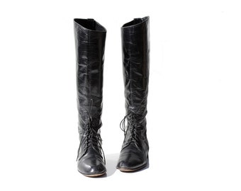 Vintage Soft Black Leather Ankle Lace Knee High Boots / size 6