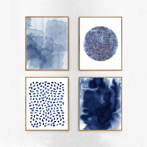 Abstract Watercolor Set Indigo Blue Wall art Large Navy Prints