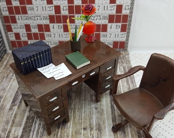 Renwal Desk and Swival Chair Brown Dollhouse Toy Furniture Hard Plastic