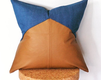 LAST AVAILABLE. Tan Leatherette and indigo light washed denim cushion cover. Pillow Cover.