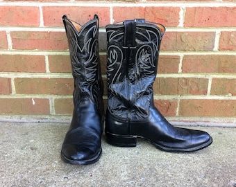 Justin Black Leather Cowboy Boots - Stovepipe - Vintage - Men 8D Women 9..5