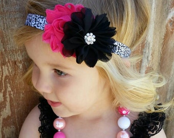 Baby headband, Hot pink and Black, damask headband, toddler headband , shabby chic, shabby headband, baby hair bow