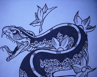 traditional japanese snake tattoo art black and white