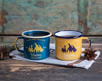 enamel mugs, camp mugs, travel mugs, travel set, metal mugs, camping mugs, adventure mugs, wedding mugs, 2 x Wisdom mugs teal and apricot