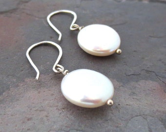 Pearl Earrings. Sterling Silver White Coin Pearl Earrings.