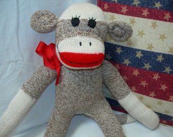 Traditional Classic Brown Red Heel Sock Monkey Doll