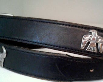 SW style leather belt, silver animals, vtg black leather, USA made, size 38