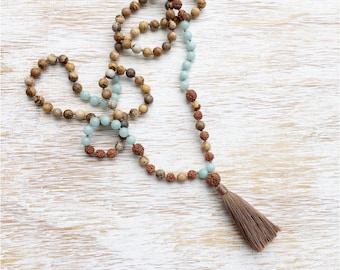 Amazonite Mala Necklace, Amazonite Mala Beads, Jasper Mala Bead Necklace, Mala Beads 108, Rudraksha Mala, Mala Necklace 108 Buddhist Jewelry