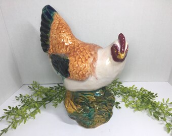 Vintage Pottery Figurine Old Hen Rooster Ceramic Porcelain