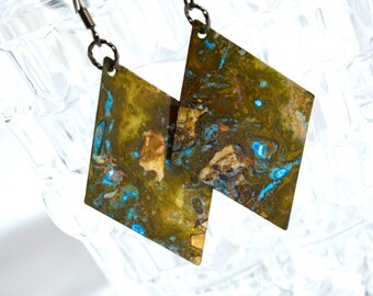 Brass earrings, patina earrings, boho earrings, geometric earrings, rustic earrings, green patina, verdigris earrings, long earrings, gypsy