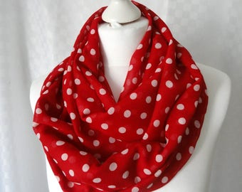 Polka dot infinity scarf, Red white polka dot scarf, Scarf for her, Lightweight scarf, Fashion scarf, Statement scarf