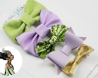 SALE Princess inspired Hairbow SET of 5 Hairclip cotton tiana green purple silver sparkle velvet beauty frog