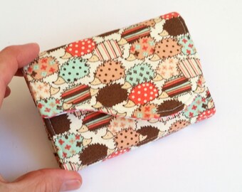 Cute Business Card Holder - Hedgehogs in Aqua Pink Brown