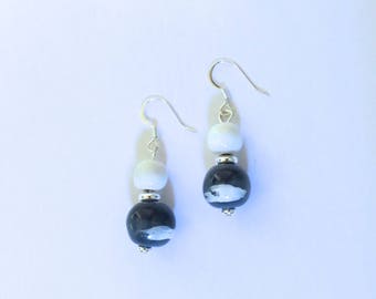 Kazuri Earrings, White and Blue Ceramic Earrings