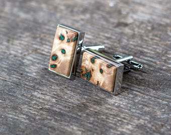 WOODEN CUFFLINKS Wedding Cufflinks, gift for men, Groom Cufflinks, groomsmen cufflinks, poplar burl with Malachite inlay