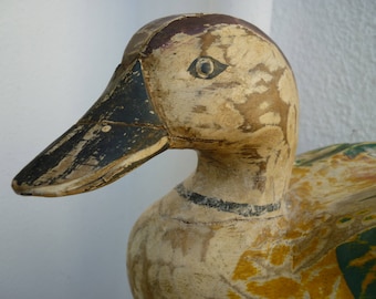 shabby chic,duck decoy,carved wood,distressed paint,vintage, handmade in Indonesia-green, red, ochre bird, fowl.