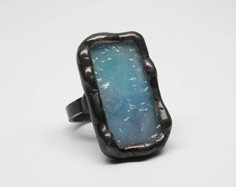 Cerulean Sea - Sterling Silver Stained Glass Ring - Size 8