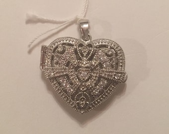 Vintage Sterling Silver Heart CZ Locket Pendant for a Necklace