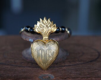 Antique French Sacred Heart Ex Voto Reliquary Necklace with Gutta Percha Chain and Labradorite
