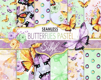 60% OFF SALE, Pastel Butterflies, Digital Watercolor Paper, Watercolor Butterfly Pastel Flowers, Hand Painted Paper, Seamless Pattern