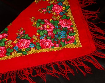 Red floral scarf vintage shawl fringed shawl vintage wool shawl red accessory shawl with tassels boho red scarf womens shawls bohemian shawl