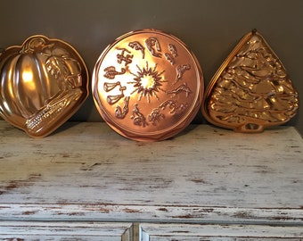 Copper jello molds / vintage copper colored zodiac , christmas tree , corn and tomato mold / copper mold kitchen decorations, kitschy molds