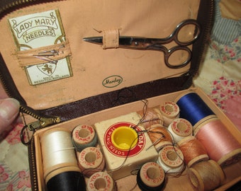 Vintage Harday leather sewing kit thread thimble needles scissors Kloster darning and Monarch thread