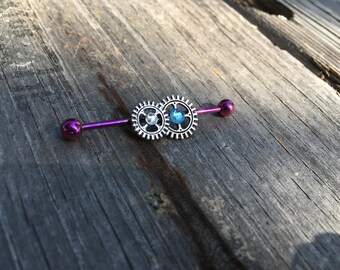 Smoky and Blue Swarvoski Crystal Accented Gears, Purple Industrial Bar