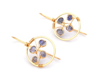 Bluebonnet Earrings, Small Gold Hoop Earrings, Violet Blue Iolite Hoop Dangles, Hammered Gold Hoops