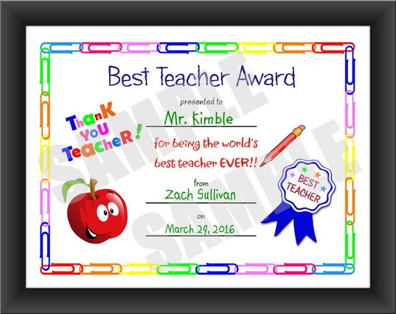 Certificate Best Teacher Kids Certificate Printable PDF