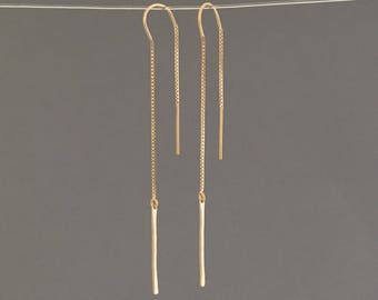 Gold Fill Thin Hammered Bar Box Chain Threader Earrings